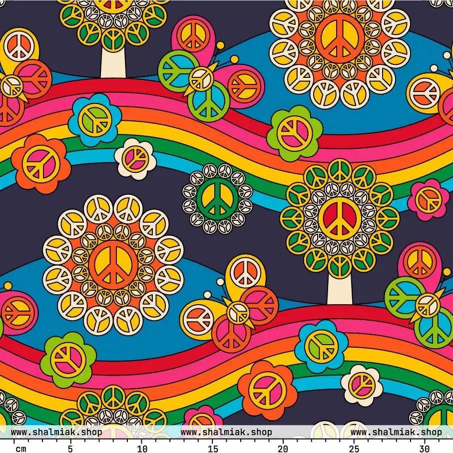 Fabric - HIPPIE PARK - Hippie symbols, rainbows & butterflies