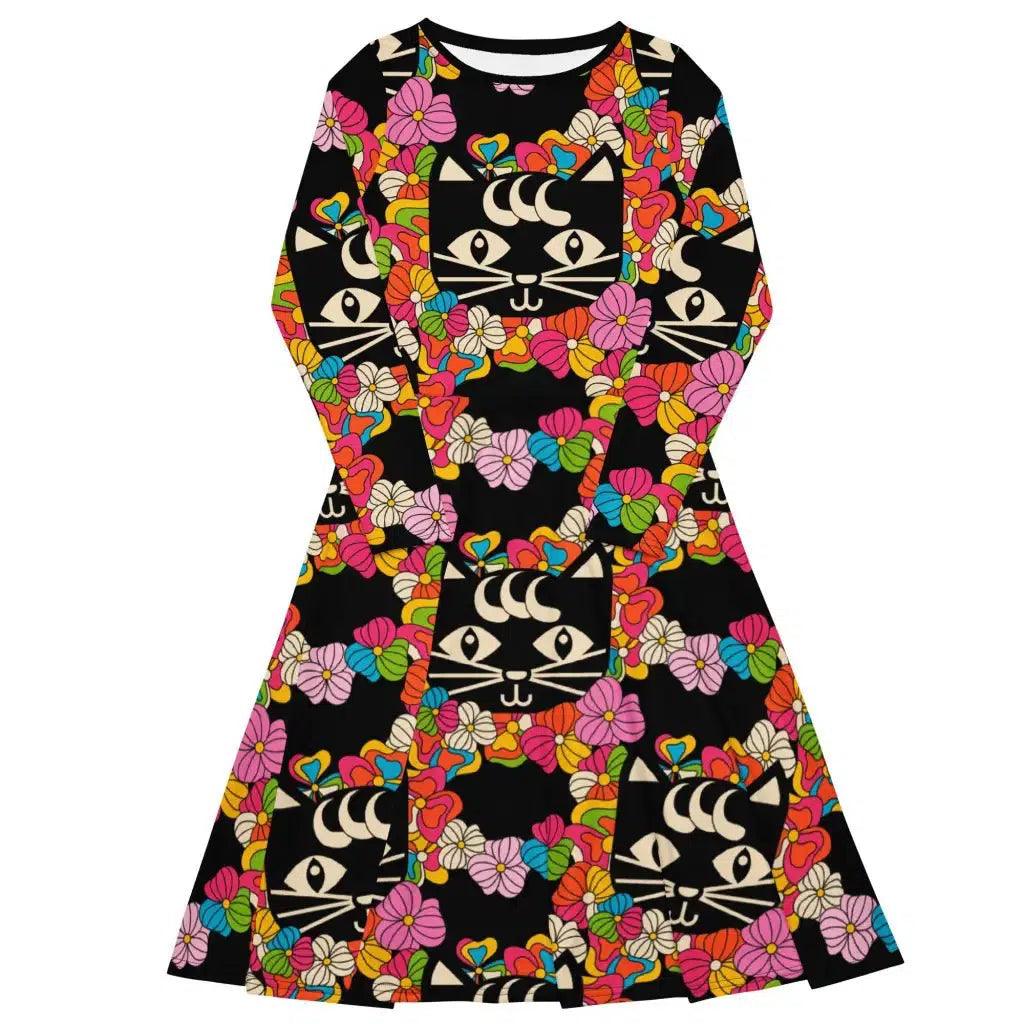 MAGICAT black - Midi Dress With Pockets with black cats | SHALMIAK