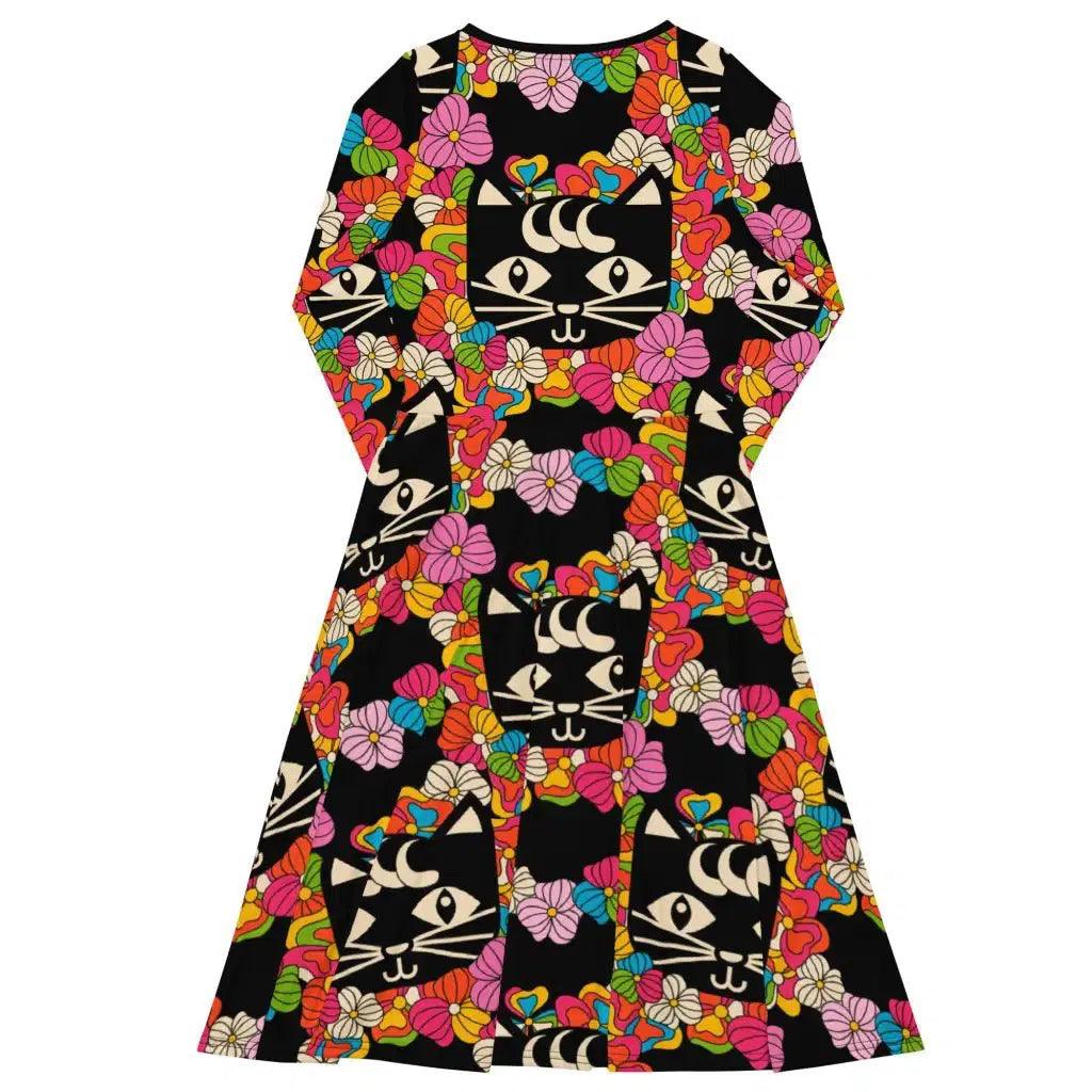 MAGICAT black - Midi Dress With Pockets with black cats | SHALMIAK