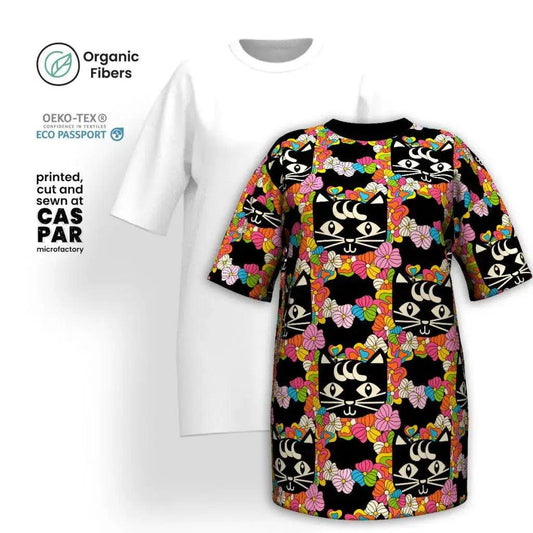 MAGICAT black - Organic Cotton T-Shirt Dress with black cats | SHALMIAK
