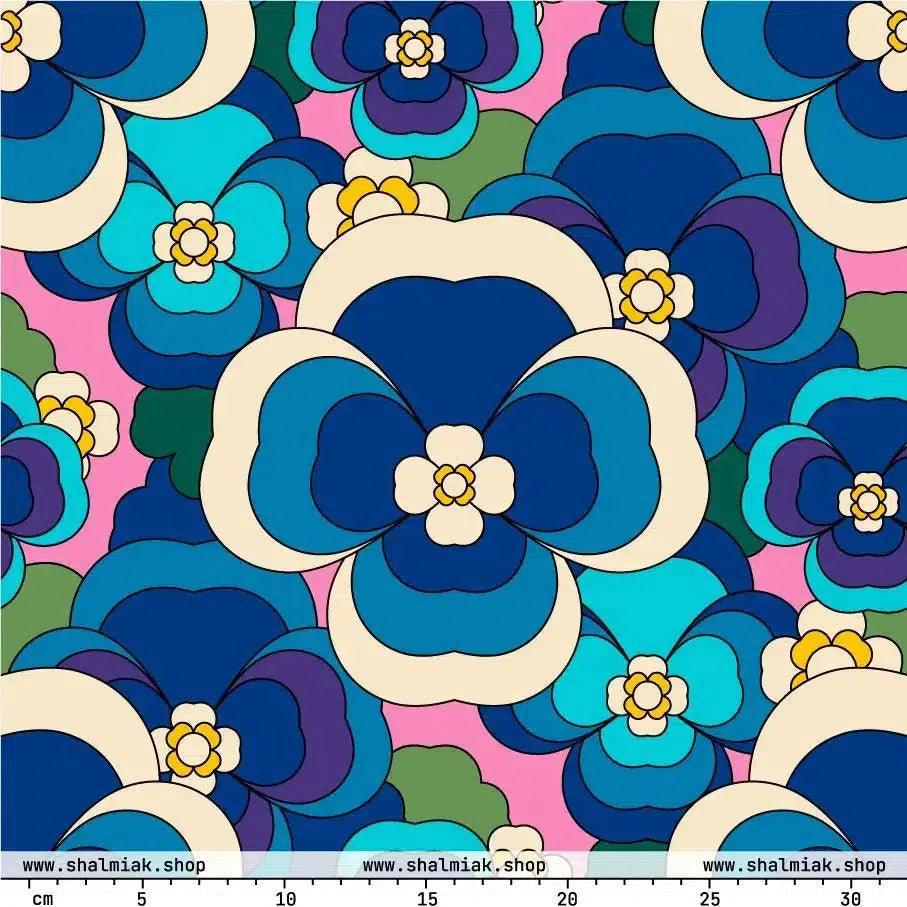 Fabric - PANSY FANTASY blue pink - Retro pansy print