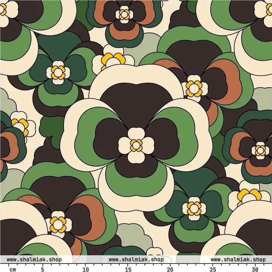 Fabric - PANSY FANTASY green - Retro pansy print