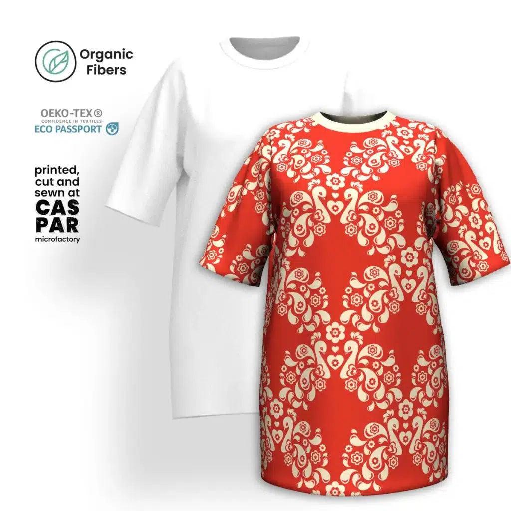 PEACOCK LOVE red - Organic Cotton T-Shirt Dress | SHALMIAK