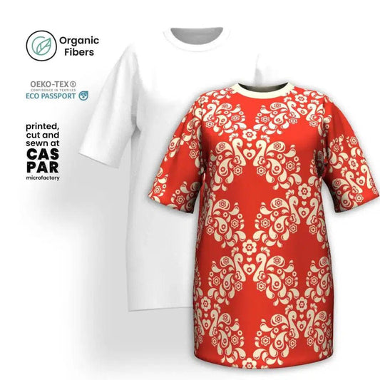 PEACOCK LOVE red - Organic Cotton T-Shirt Dress | SHALMIAK