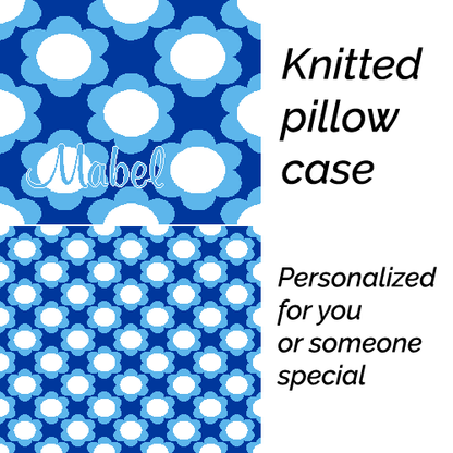 Personalized knitted pillowcase with flowers Blue