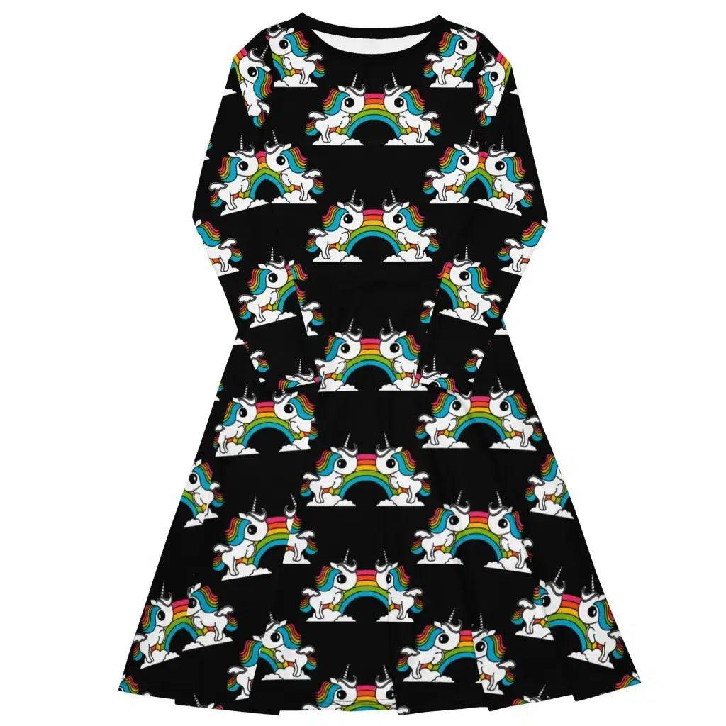 UNIQUE black - Midi Dress With Pockets with unicorns and rainbows