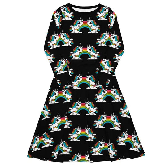 UNIQUE black - Midi Dress With Pockets with unicorns and rainbows | SHALMIAK