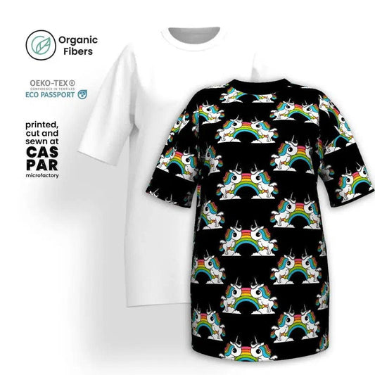 UNIQUE black - Organic Cotton T-Shirt Dress with unicorns and rainbows | SHALMIAK