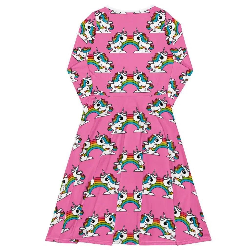 UNIQUE pink - Midi Dress With Pockets with unicorns and rainbows | SHALMIAK