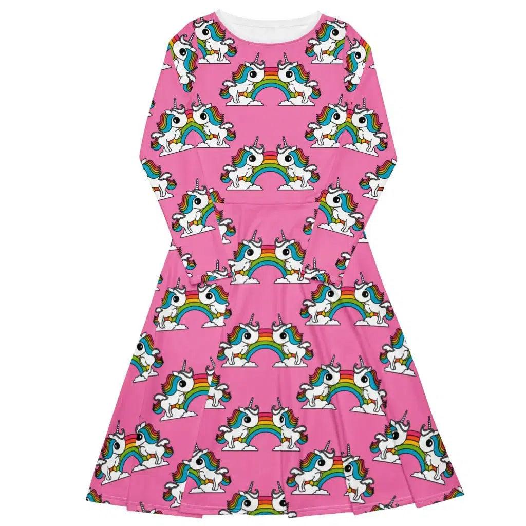 UNIQUE pink - Midi Dress With Pockets with unicorns and rainbows | SHALMIAK