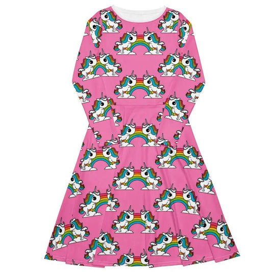 UNIQUE pink - Midi Dress With Pockets with unicorns and rainbows | SHALMIAK
