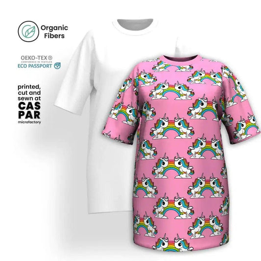 UNIQUE pink - Organic Cotton T-Shirt Dress with unicorns and rainbows | SHALMIAK