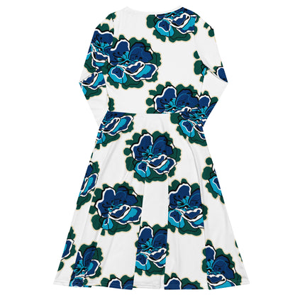 Midi dress - POPPY PARADE blue white - Bold poppy print