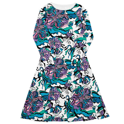 Midi dress - BLOOM RIOT blue white - Edgy floral print 3XL