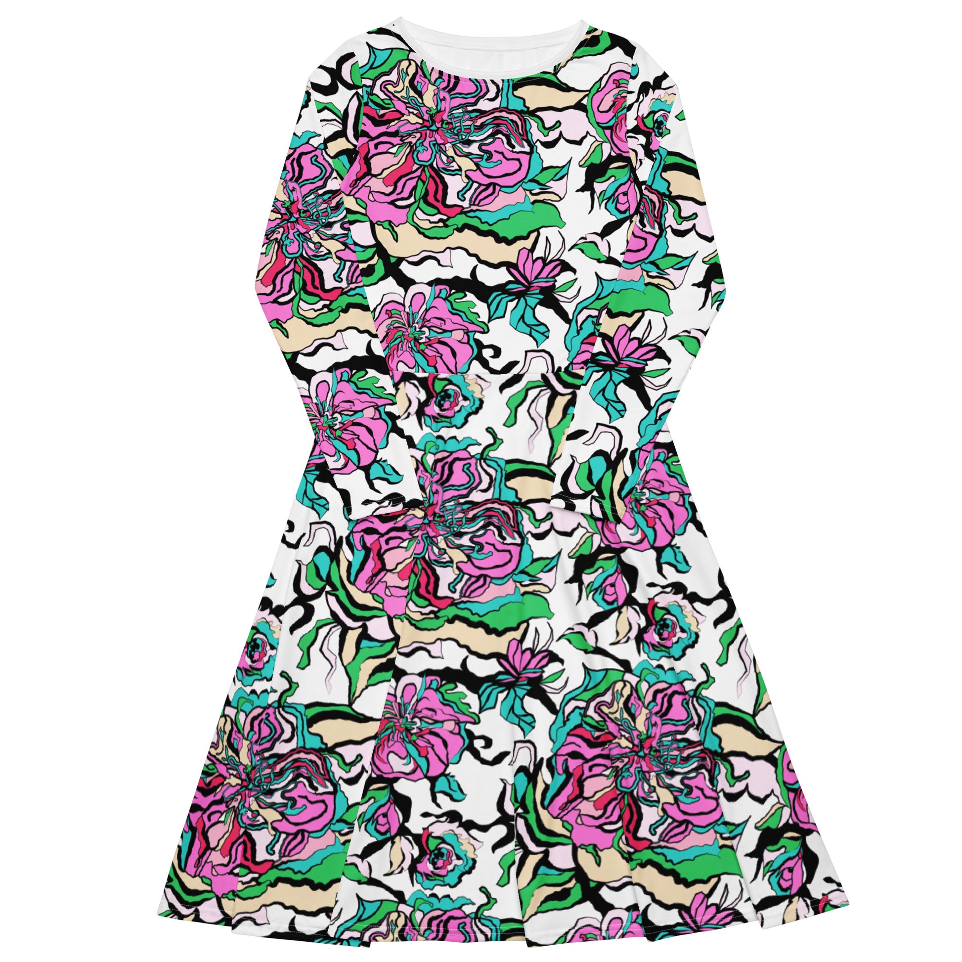 Midi dress - BLOOM RIOT pink white - Edgy floral print 6XL