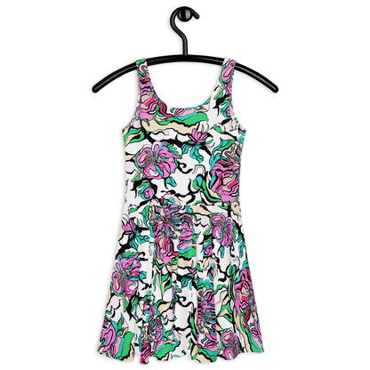 Skater dress - BLOOM RIOT pink white - Edgy floral print