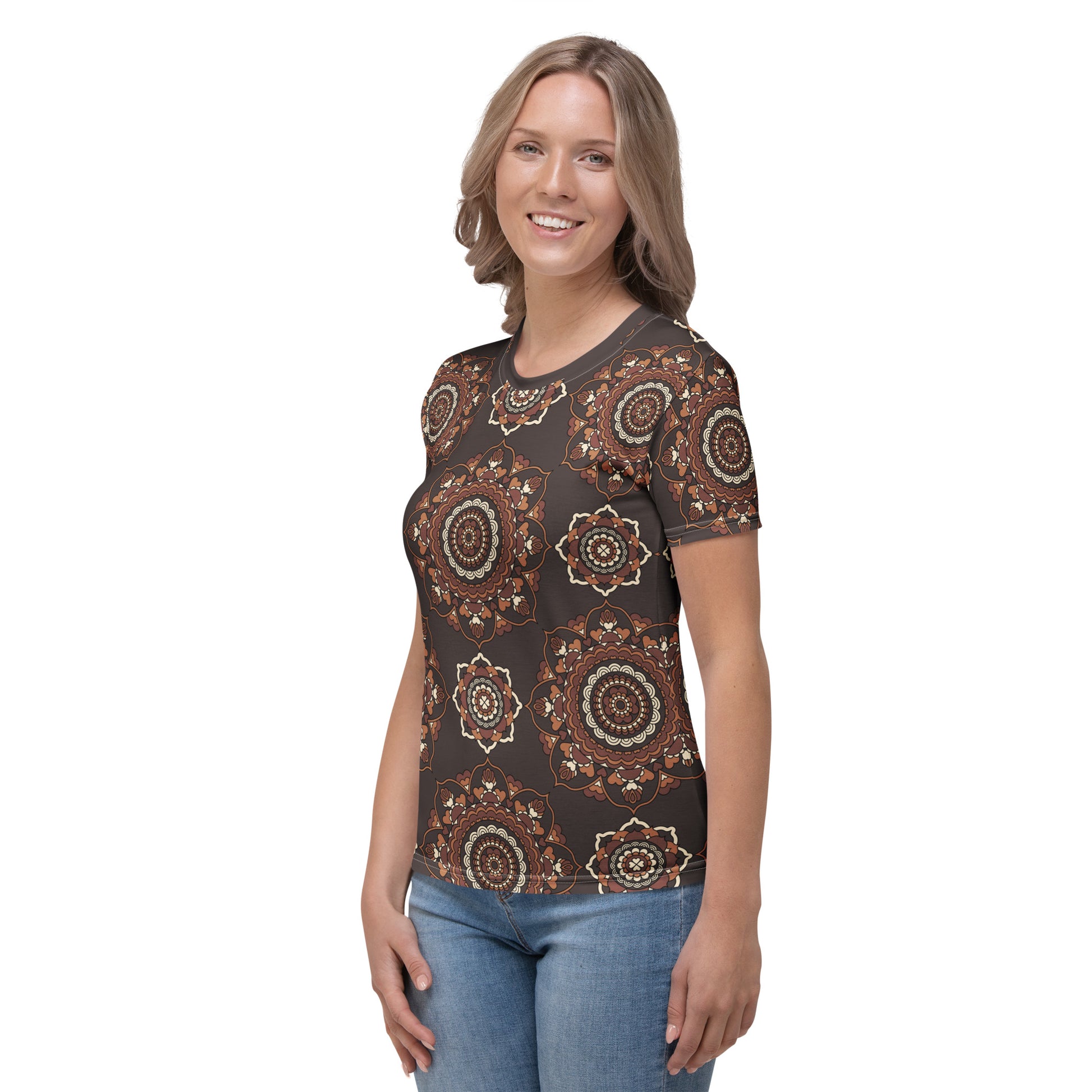 Woman's t-shirt - FOREVERMORE brown - Romantic flower and heart print