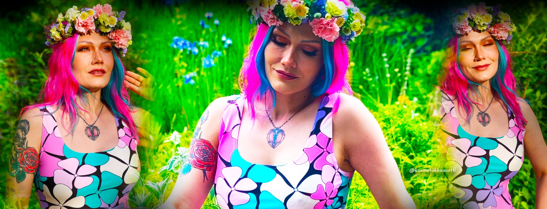 Lady in ADELIE pink mint skater dress, flowers in her hair, dreaming of summer.