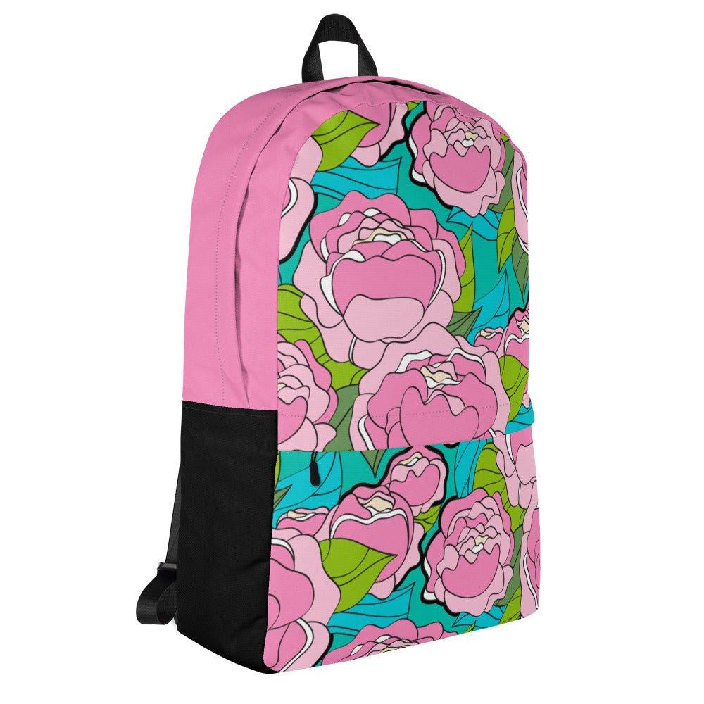 Backpack - BE MY ONLY pink turquoise - Bold pink peony print