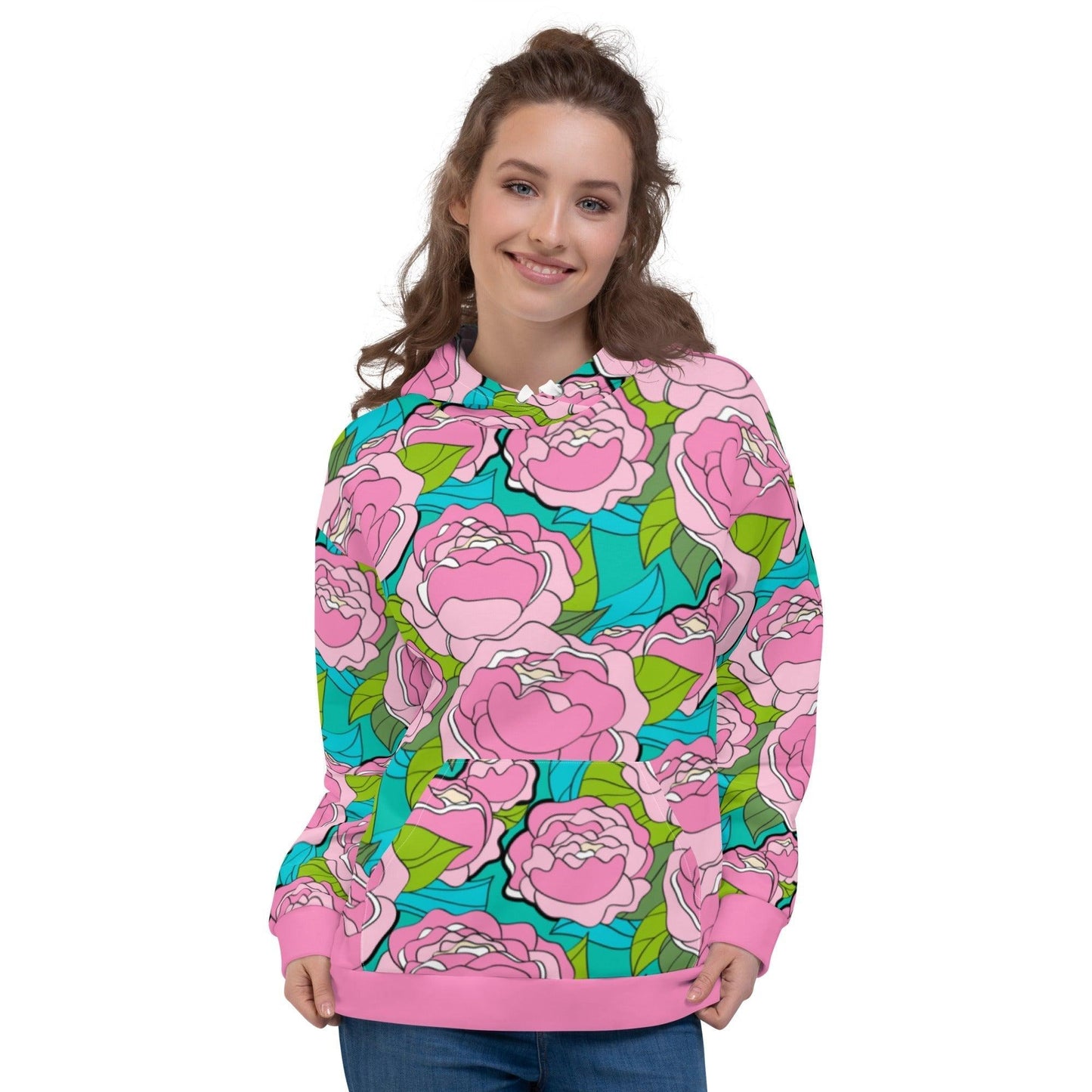 Hoodie - BE MY ONLY pink turquoise - Bold Pink Peonies Print