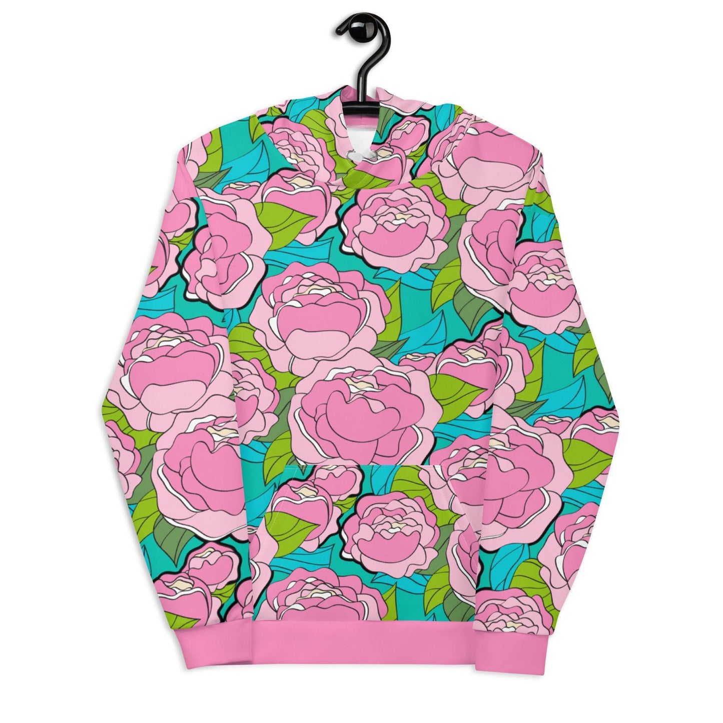 Hoodie - BE MY ONLY pink turquoise - Bold Pink Peonies Print