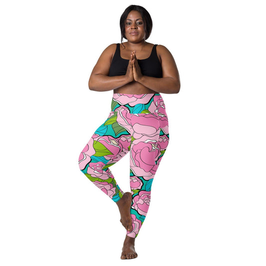 Leggings with pockets - BE MY ONLY pink turquoise - Bold pink peony print