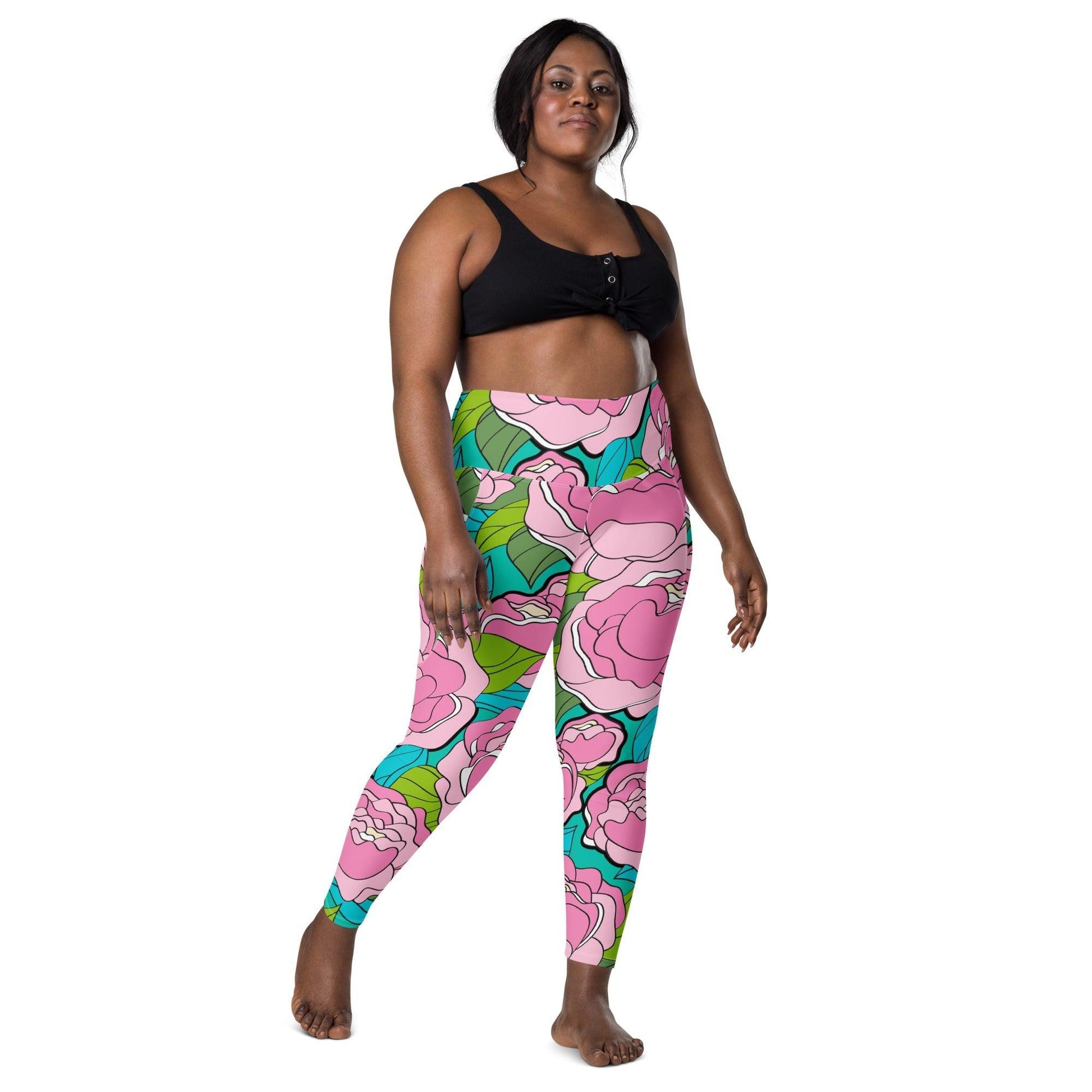 Leggings with pockets - BE MY ONLY pink turquoise - Bold pink peony print