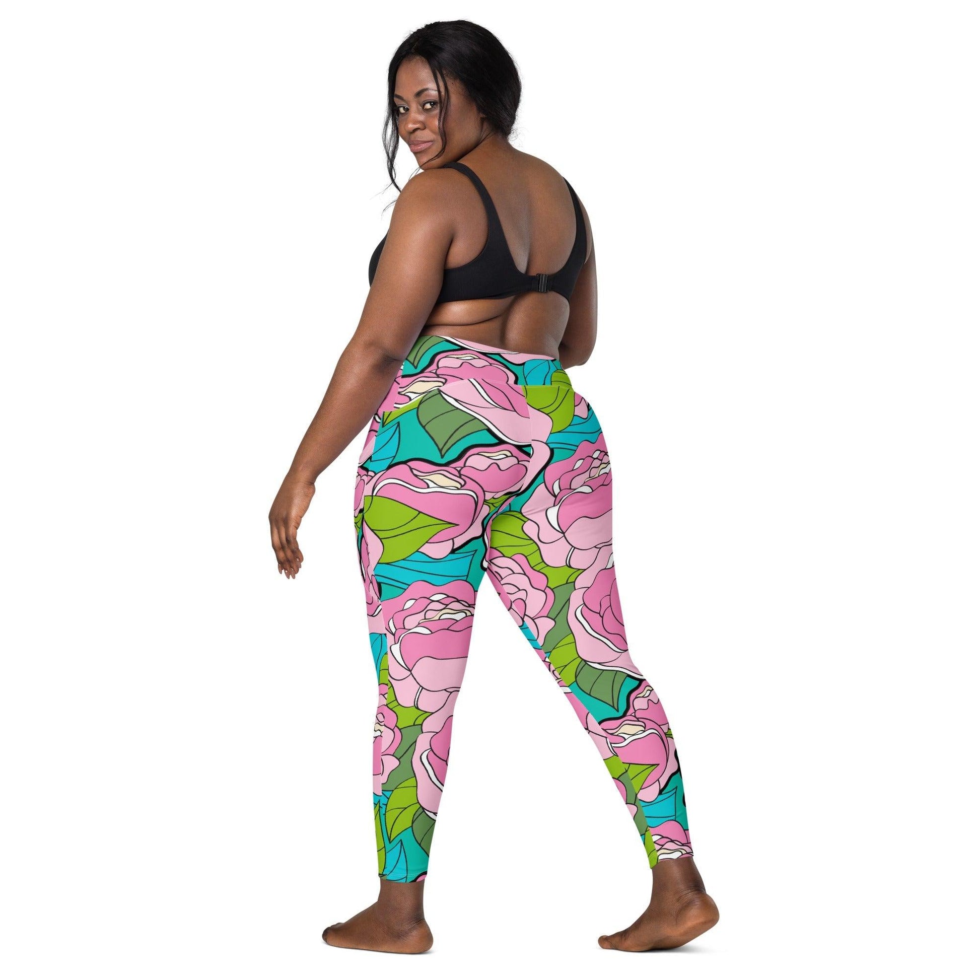 Leggings with pockets - BE MY ONLY pink turquoise - Bold pink peony print