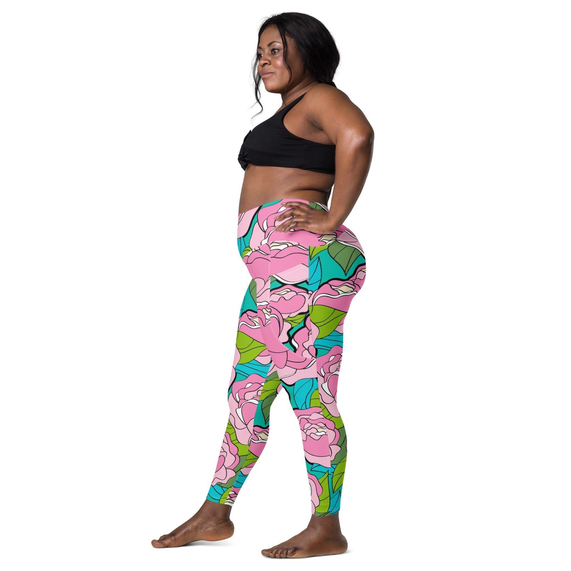 Leggings with pockets - BE MY ONLY pink turquoise - Bold pink peony print