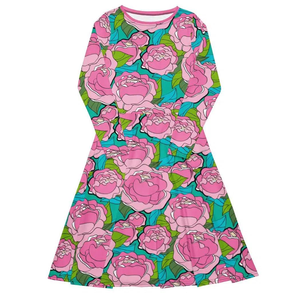 Midi Dress - BE MY ONLY pink turquoise - Bold Pink Peonies Print