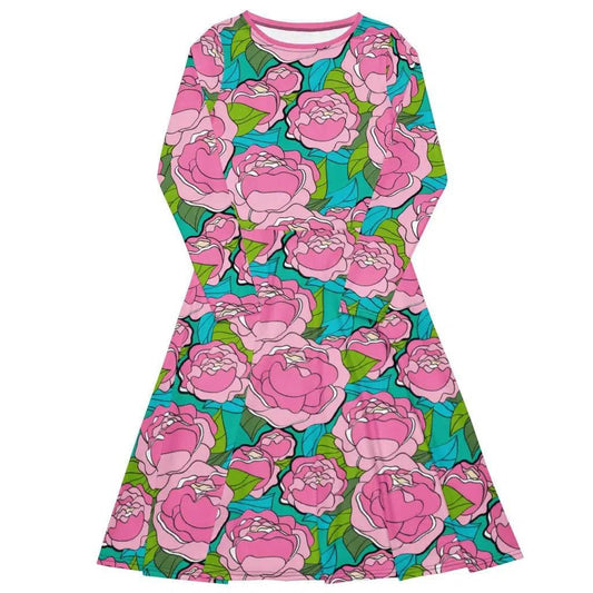 Midi Dress - BE MY ONLY pink turquoise - Bold Pink Peonies Print