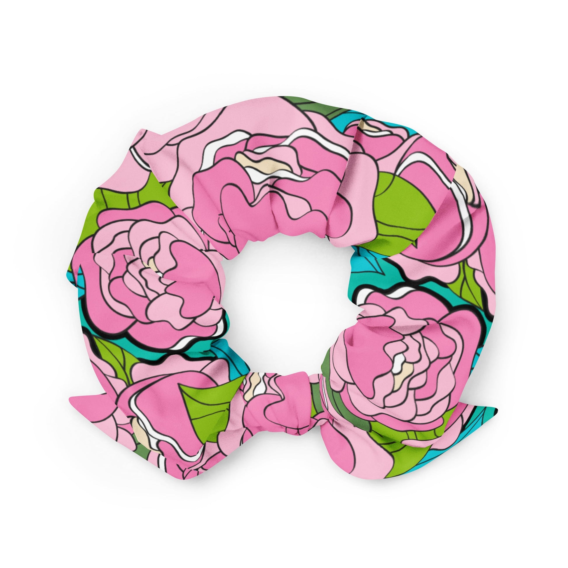 Scrunchie - BE MY ONLY pink turquoise - Bold Pink Peonies Print