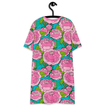 T-Shirt Dress - BE MY ONLY pink turquoise - Bold Pink Peonies Print