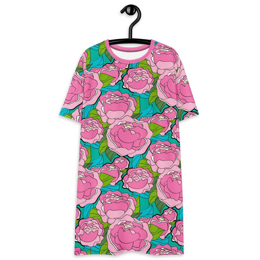 T-Shirt Dress - BE MY ONLY pink turquoise - Bold Pink Peonies Print