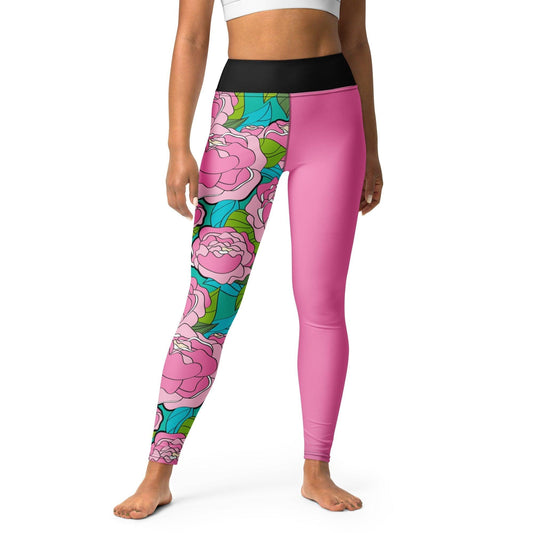 Yoga Leggings - BE MY ONLY pink turquoise - Bold Pink Peonies Print