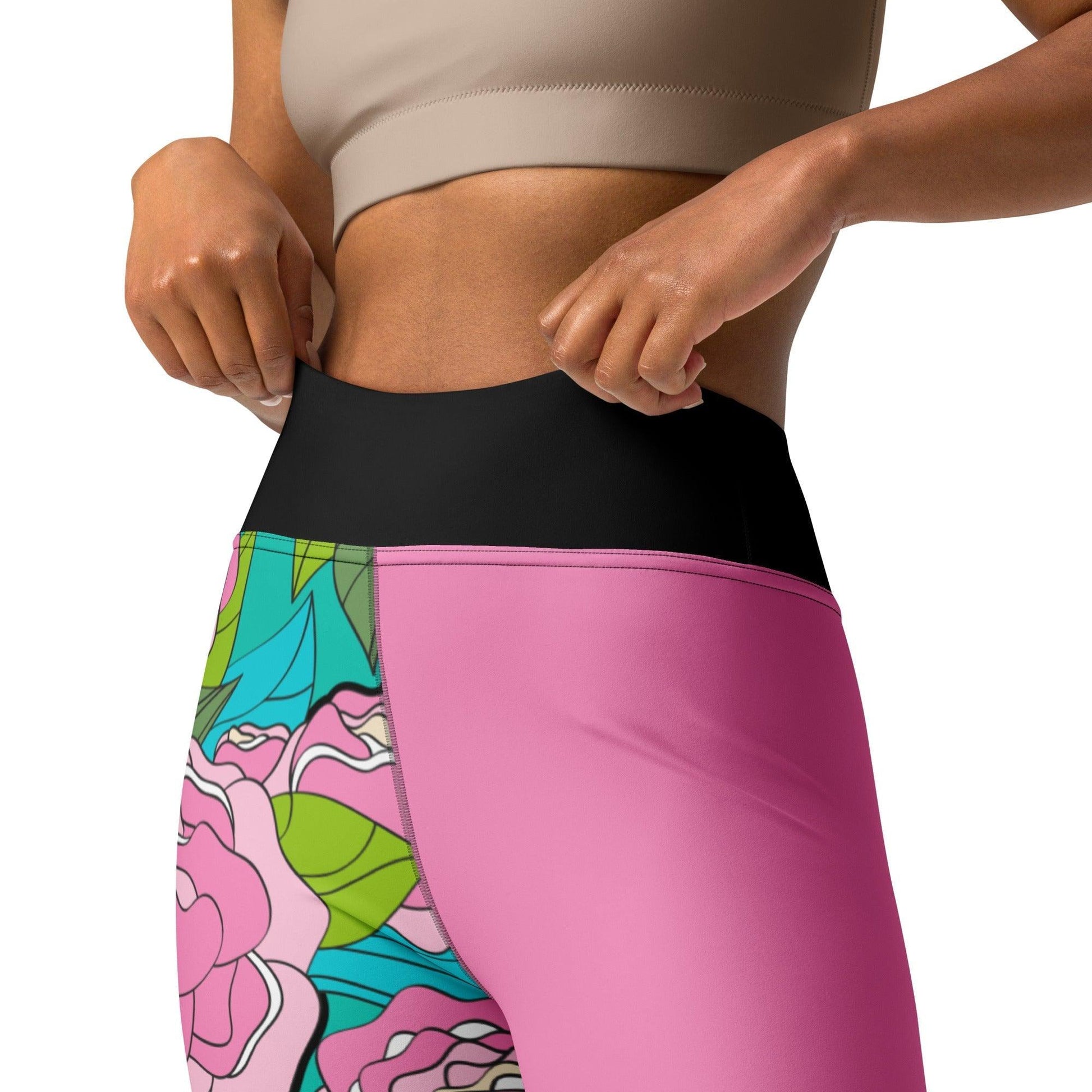 Yoga Leggings - BE MY ONLY pink turquoise - Bold Pink Peonies Print
