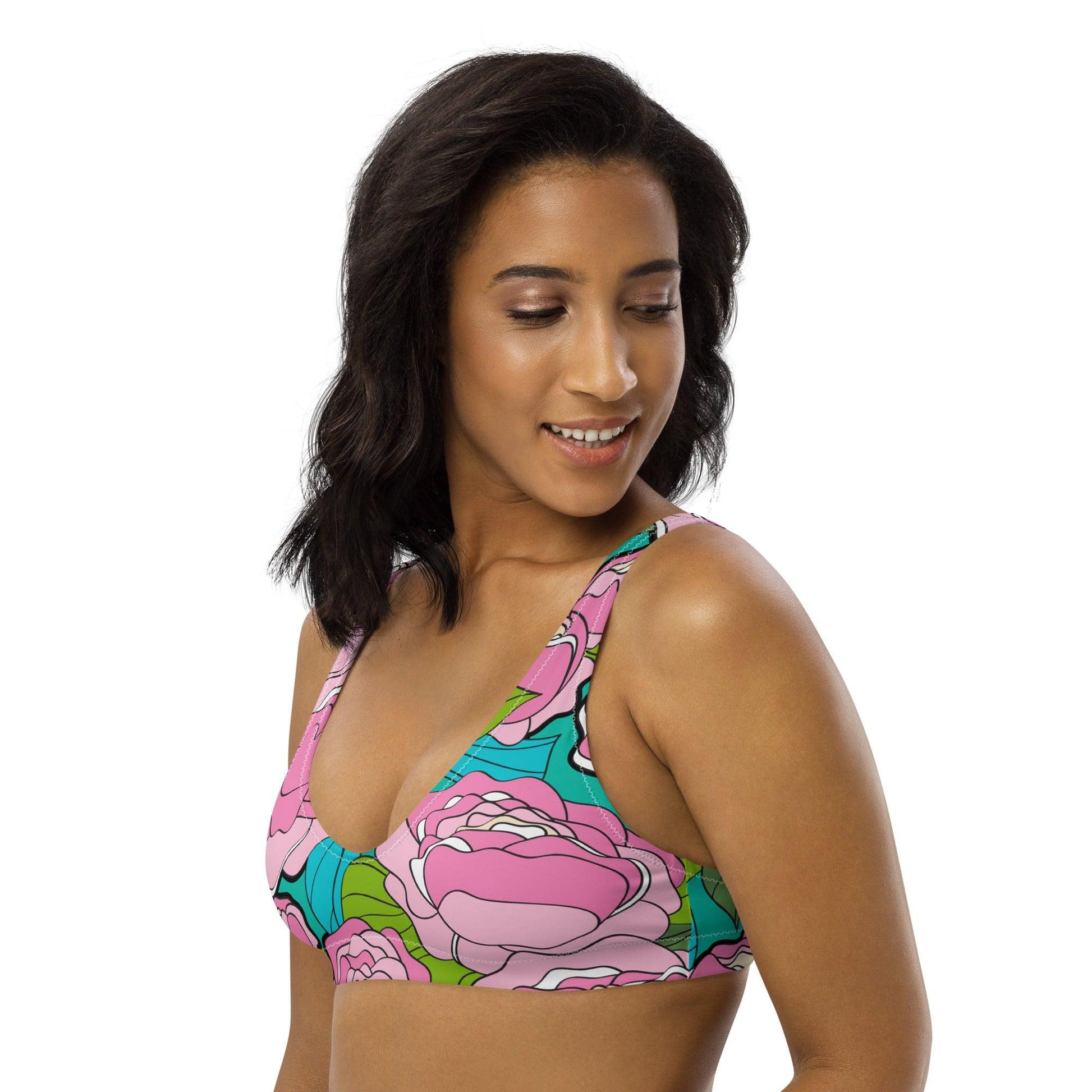 Bikini Top - BE MY ONLY pink turquoise - Bold Pink Peonies Print