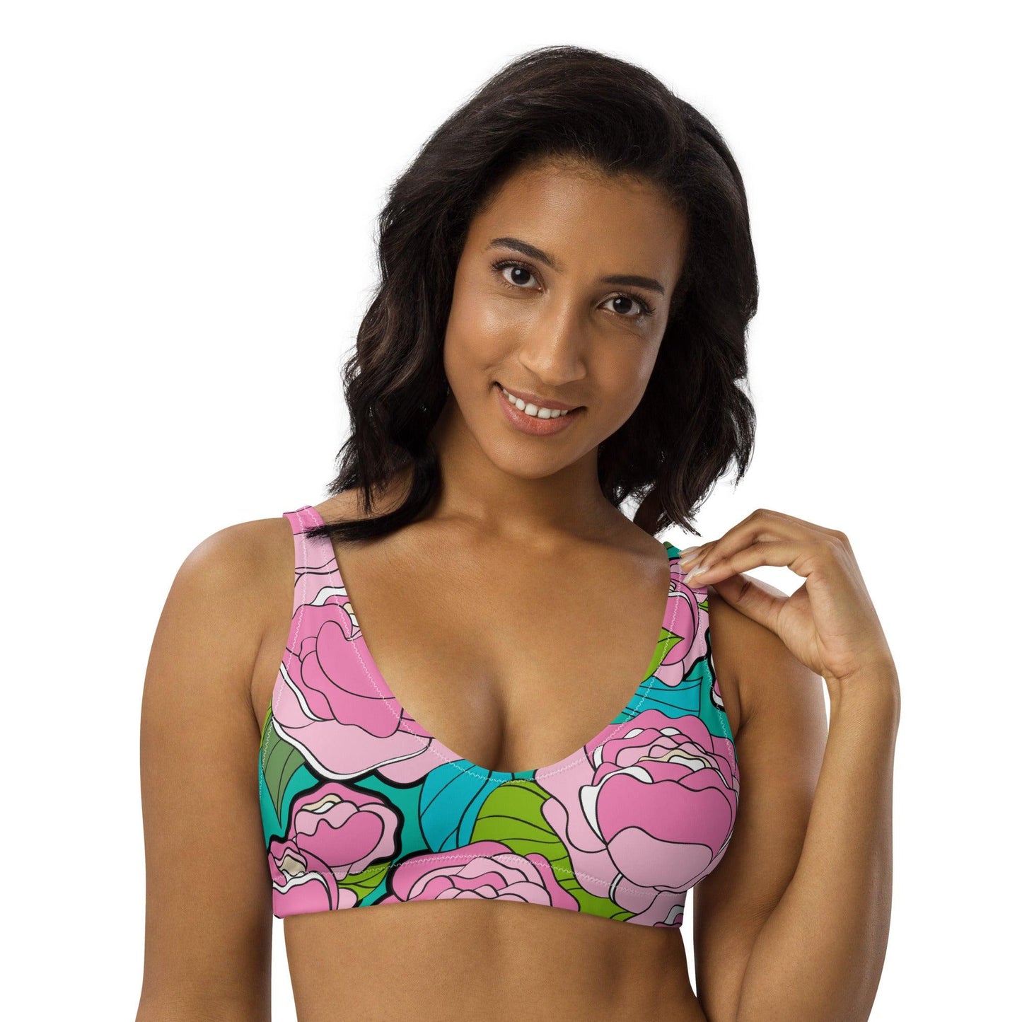 Bikini Top - BE MY ONLY pink turquoise - Bold Pink Peonies Print
