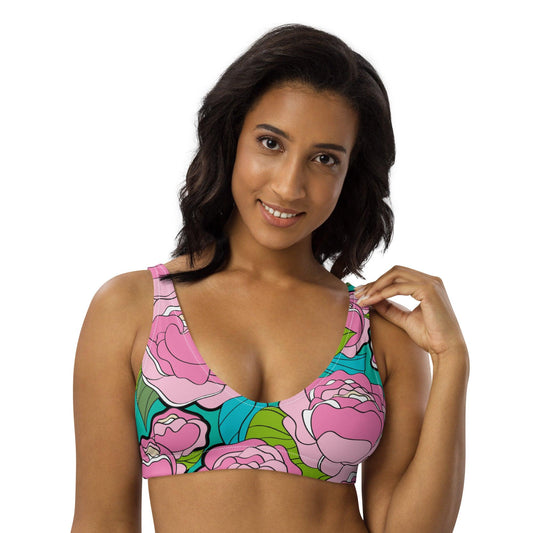 Bikini Top - BE MY ONLY pink turquoise - Bold Pink Peonies Print