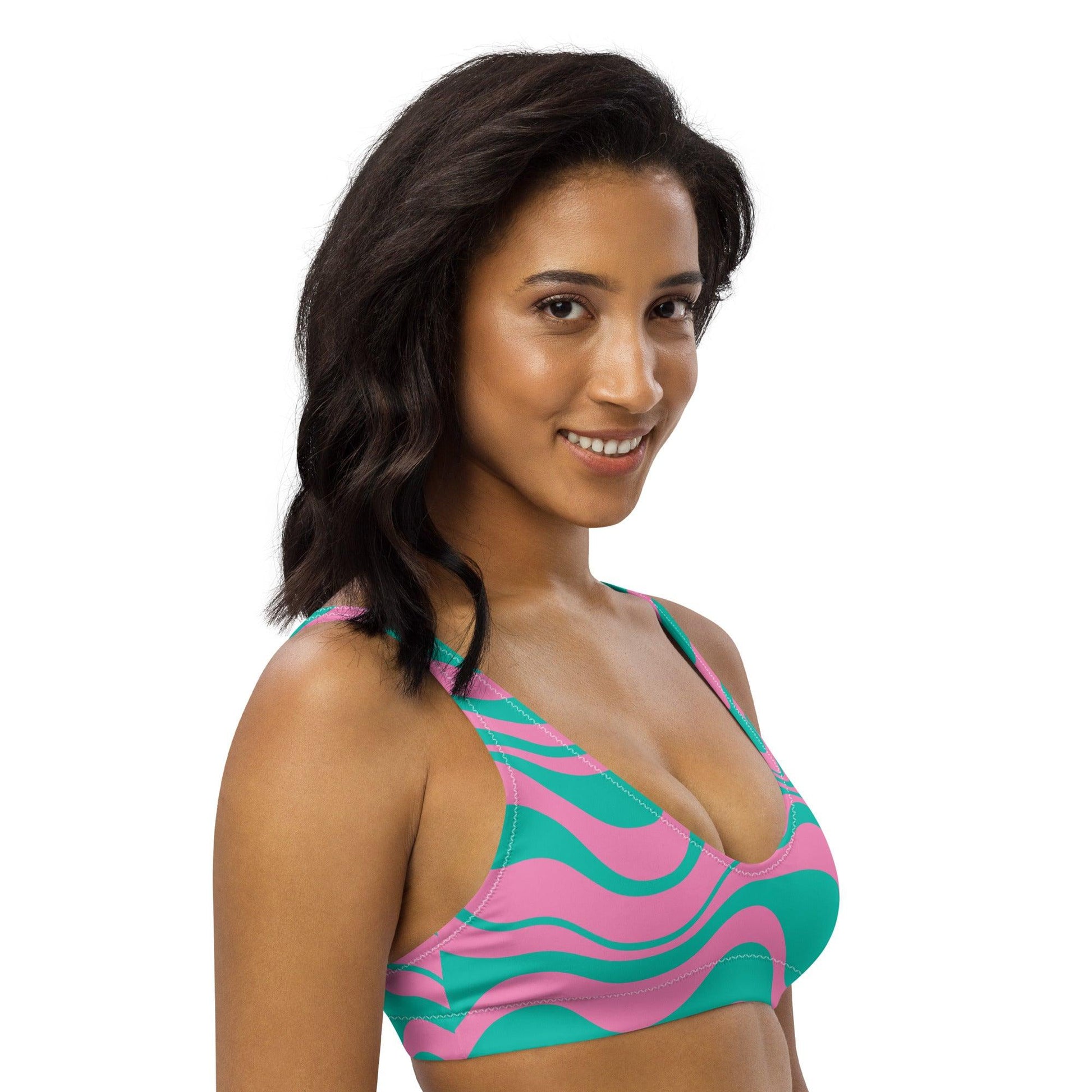 Bikini top - ENERGY WAVES pink mint - Wavy stripe print