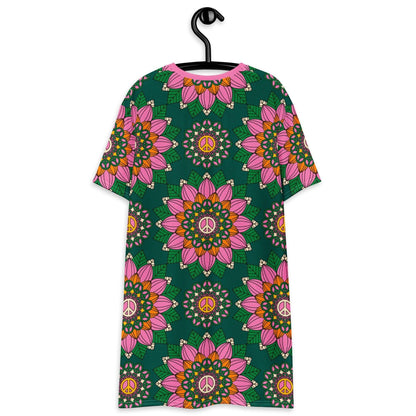 T-Shirt Dress - BLOOM WITH PEACE pink green
