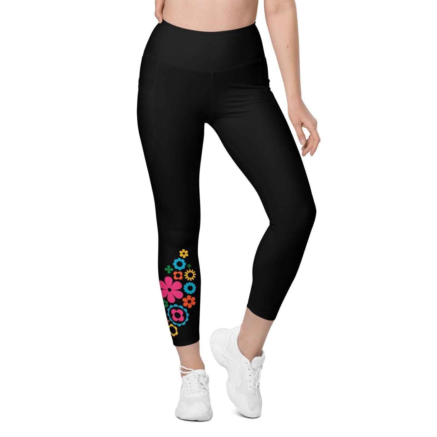 Leggings with pockets - BLOOMPOP happy in black - Colorful bloom print