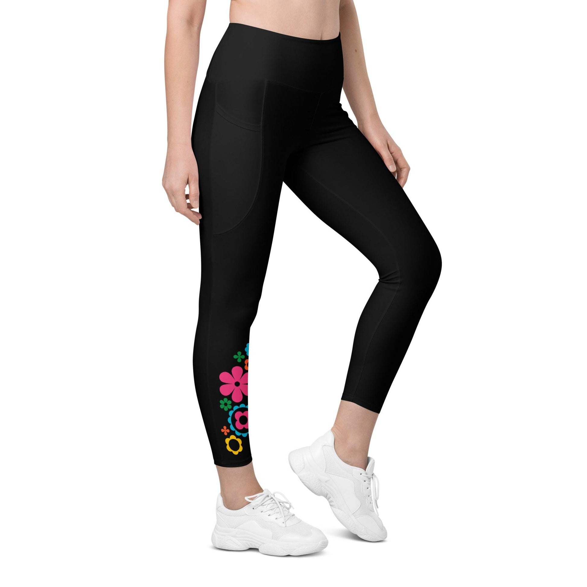 Leggings with pockets - BLOOMPOP happy in black - Colorful bloom print 6XL
