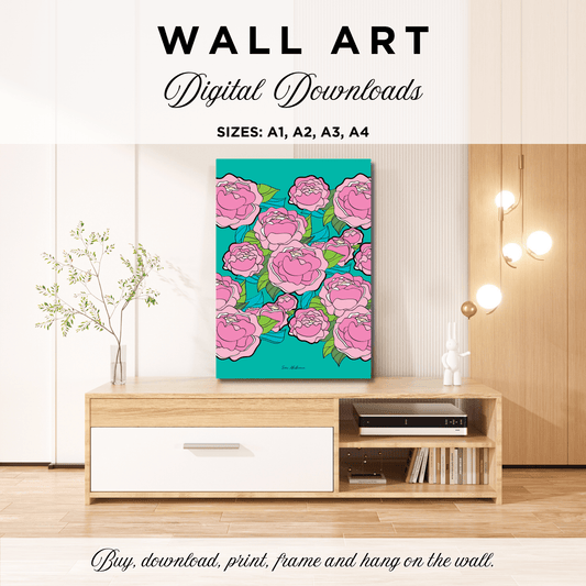 DIGITAL WALL ART - BE MY ONLY pink mint - Bold pink peony print