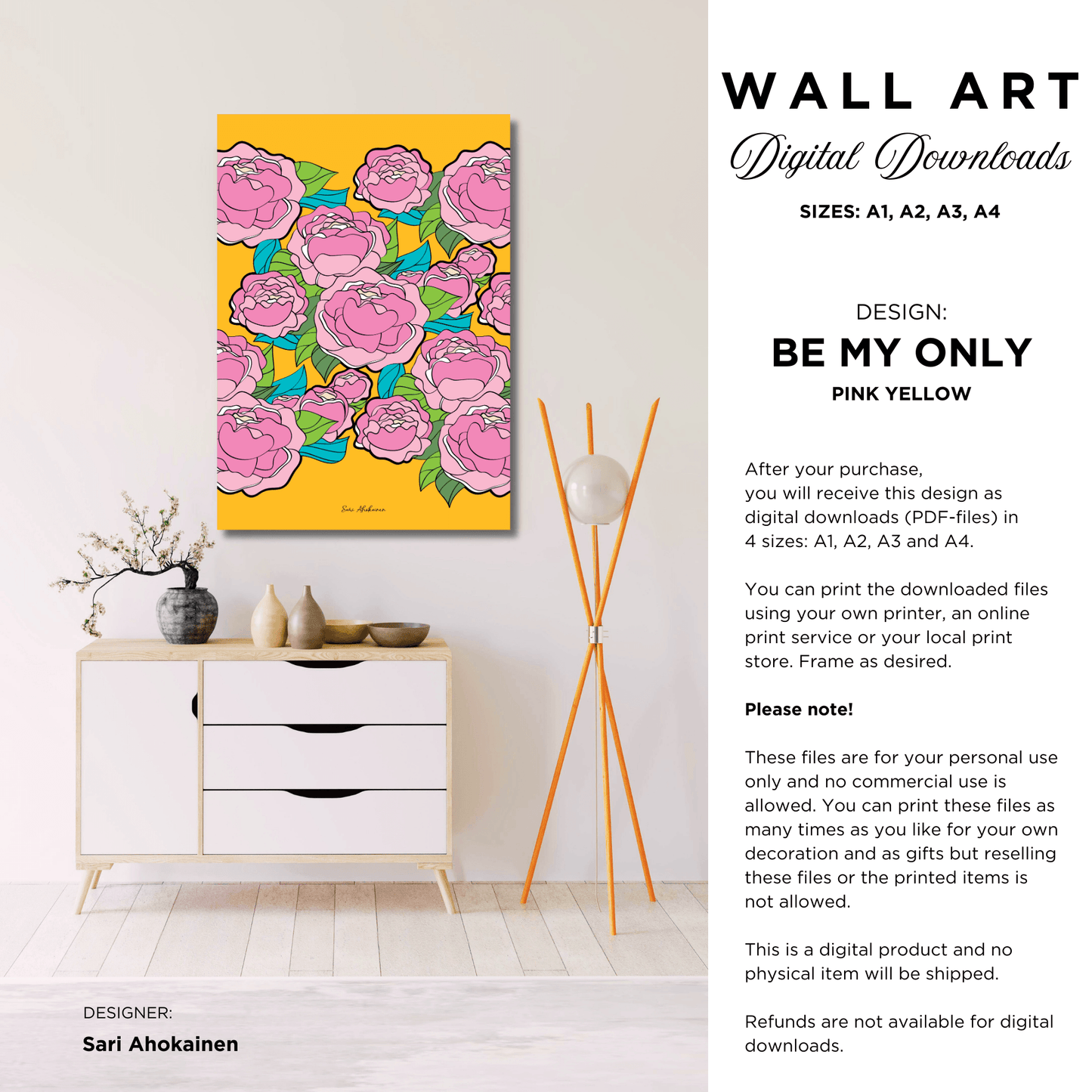 DIGITAL WALL ART - BE MY ONLY pink yellow - Bold pink peony print