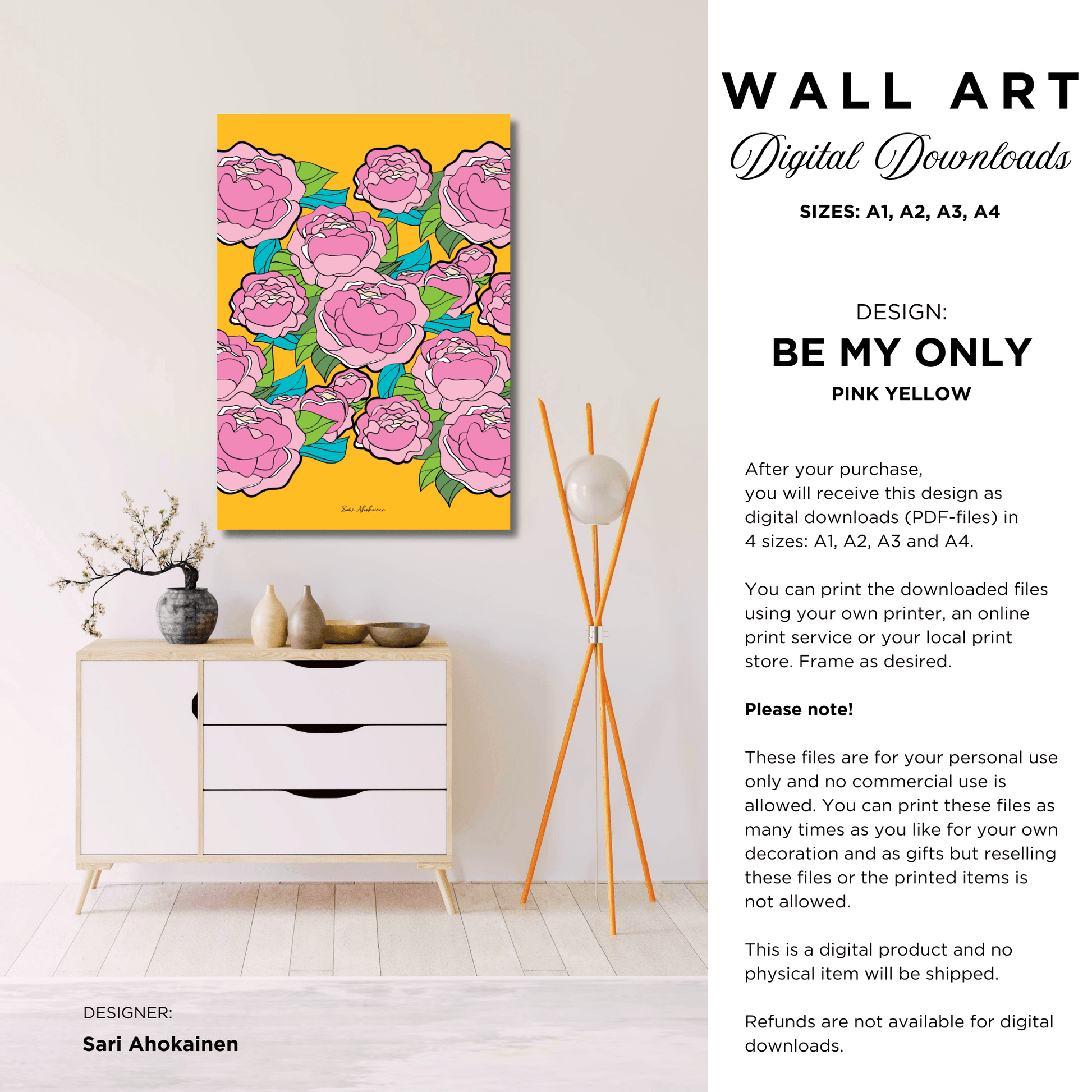 DIGITAL WALL ART - BE MY ONLY pink yellow - Bold pink peony print