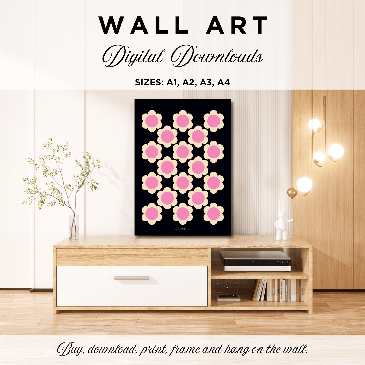 DIGITAL WALL ART - ELLIE pink black - Classic floral print