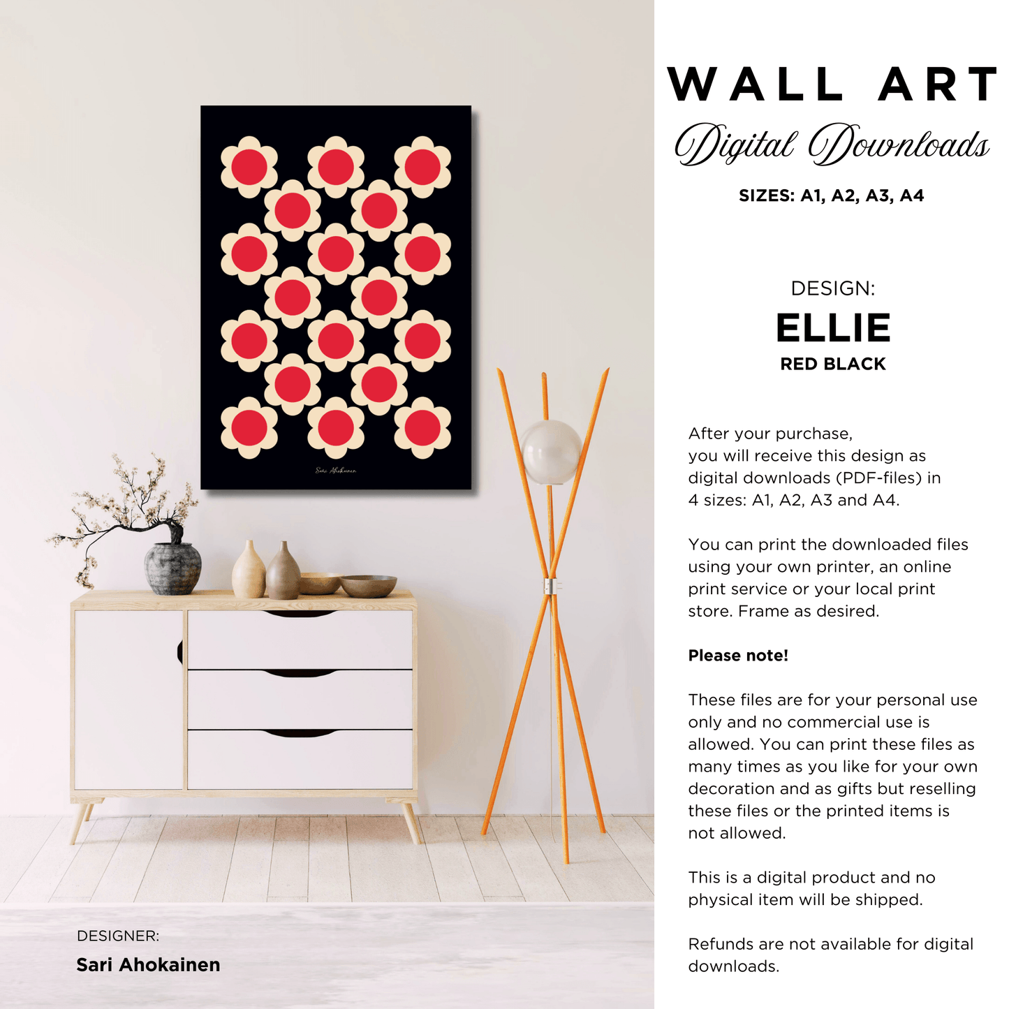 DIGITAL WALL ART - ELLIE red black - Classic floral print