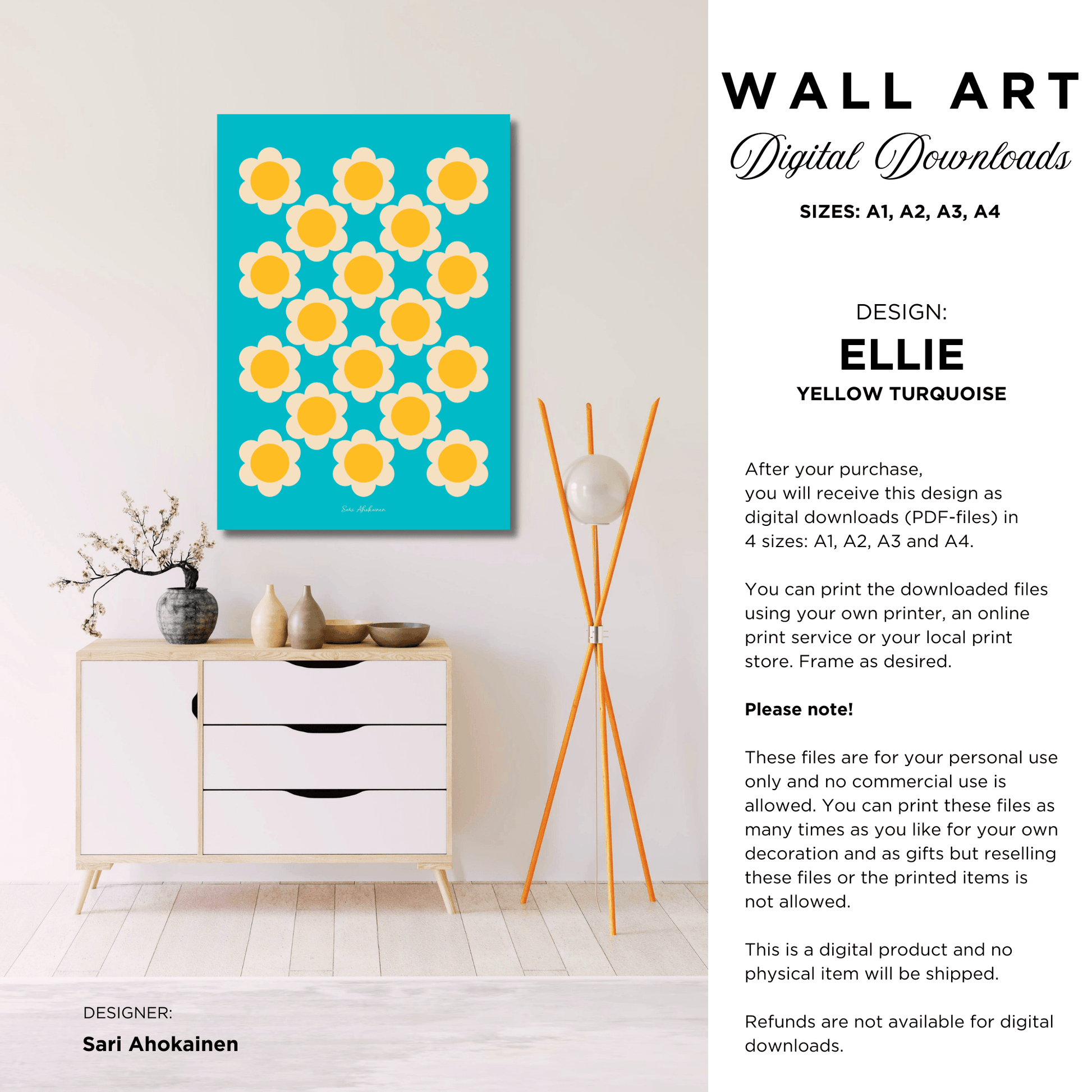 DIGITAL WALL ART - ELLIE yellow turquoise - Classic floral print