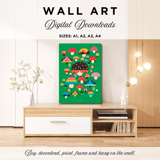 DIGITAL WALL ART - MUSHROOM MANIA green - Colorful mushroom print
